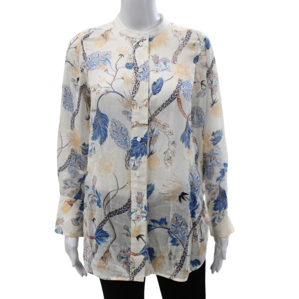 Chloe Women Tunic Blouse Collared Floral Multicolor Ramie Long Sleeve Size 38